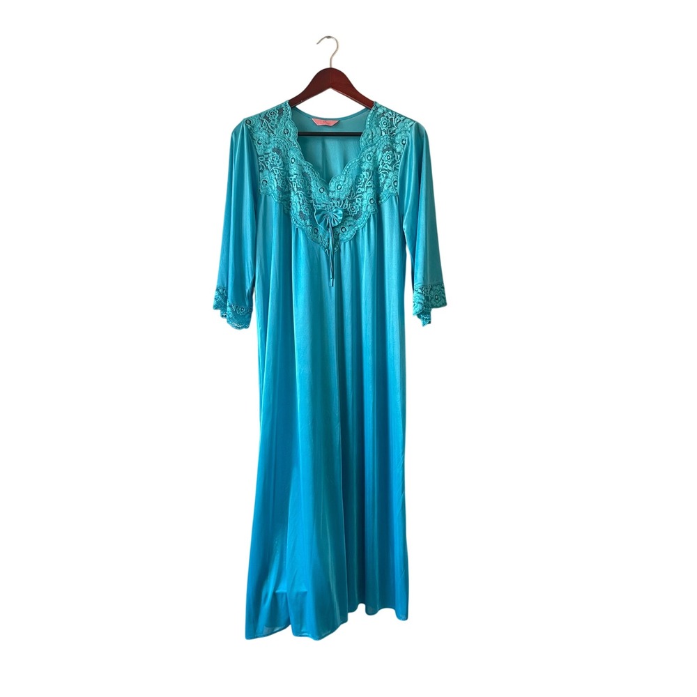 Vintage teal Blue Satin Lace Trim Nightgown Maxi Sleepwear Dress medium